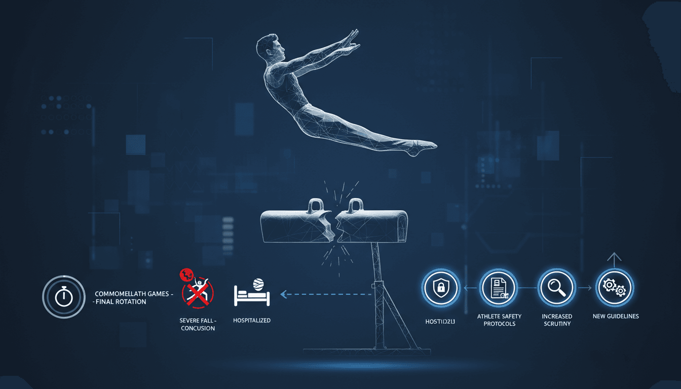 Gabriel Langton performing on the high bar at the Commonwealth Games