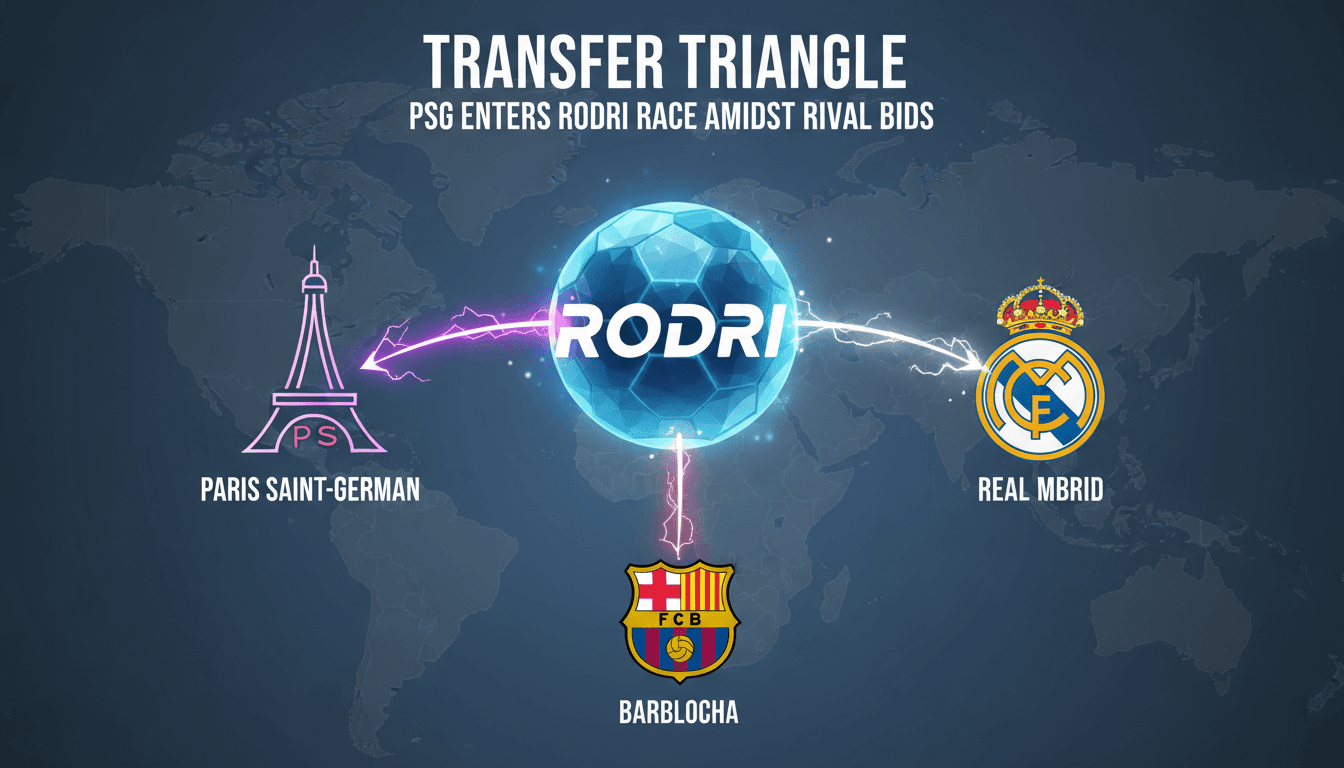 PSG and Real Madrid logos with a backdrop of Rodri in action.