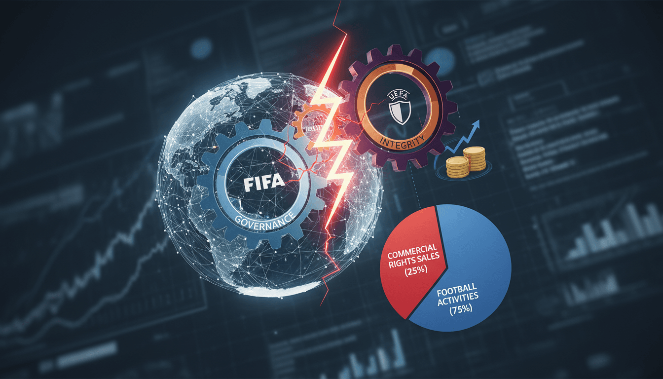 FIFA logo with a backdrop of football stadiums and financial graphs