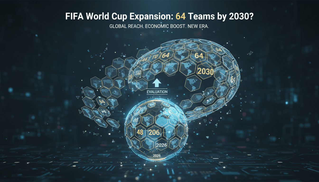 FIFA World Cup logo with a graphic representation of team expansion.