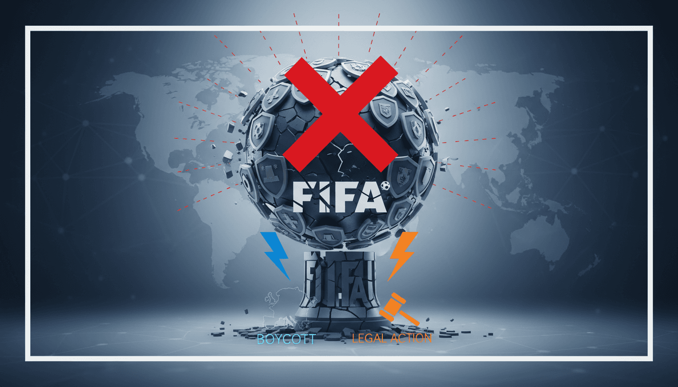 FIFA logo with a backdrop of a football stadium during a match