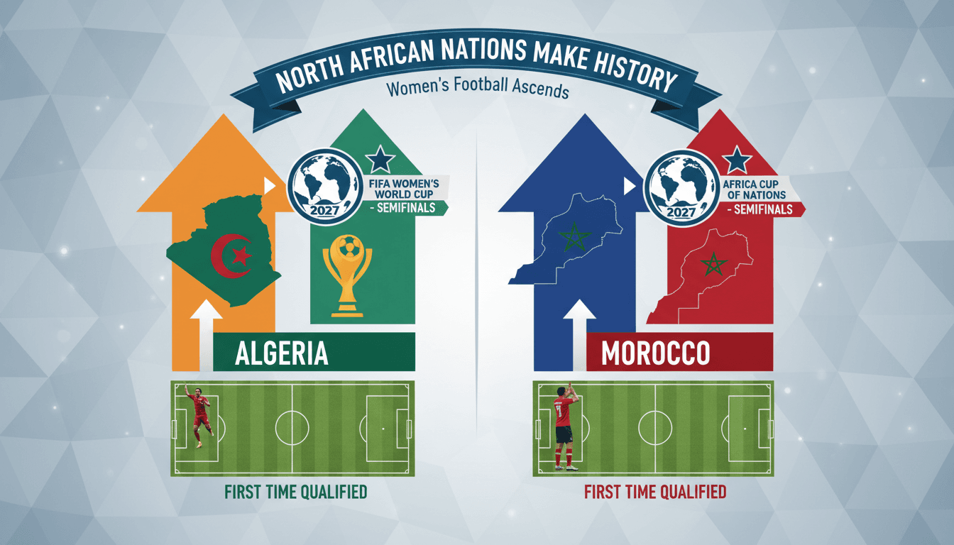 Algerian and Moroccan women's football teams celebrating their World Cup qualification.