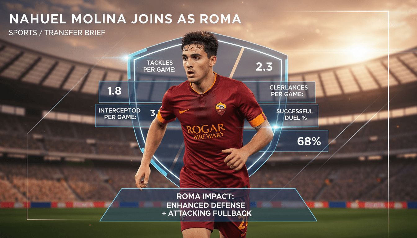 Nahuel Molina in action during a match, representing his new club AS Roma.