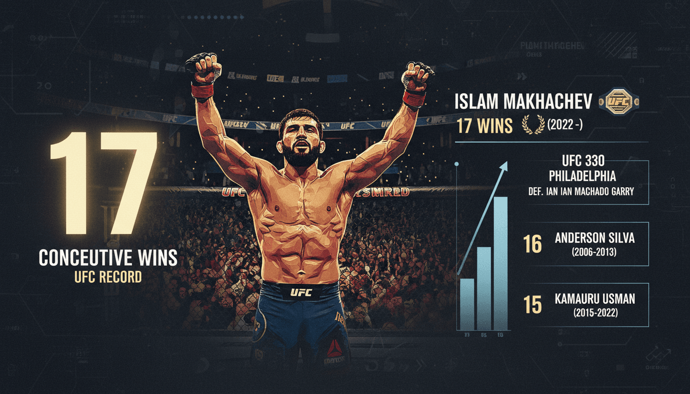 Islam Makhachev celebrating his victory at UFC 330 in Philadelphia.