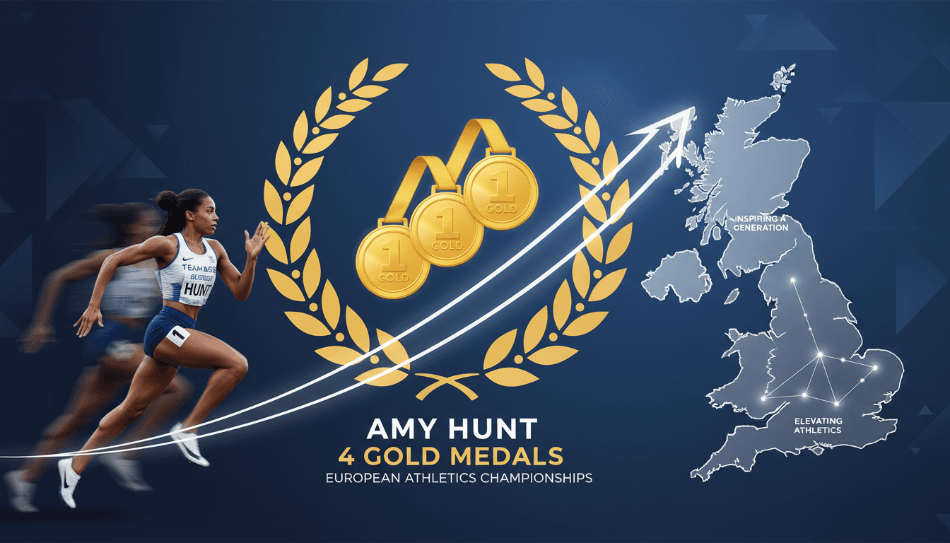Amy Hunt celebrating her four gold medals at the European Athletics Championships.