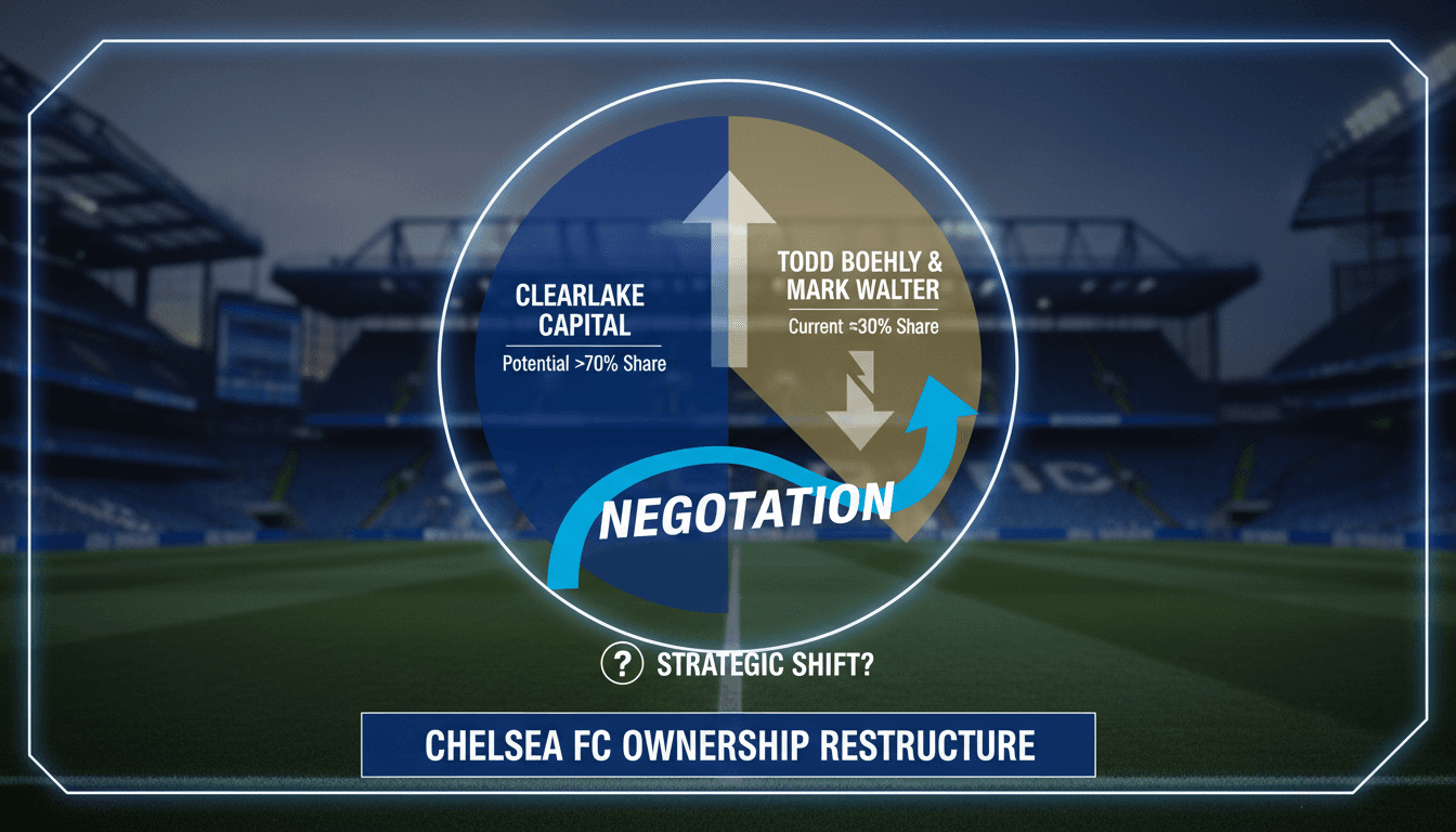 Chelsea FC logo with a backdrop of Stamford Bridge