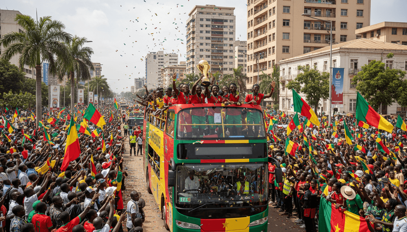 Cameroon's women's national football team celebrating their WAFCON victory in a vibrant parade in Yaoundé.