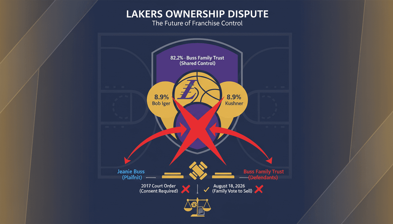 Infographic showing the ownership structure of the Los Angeles Lakers and the implications of Jeanie Buss's legal challenge.