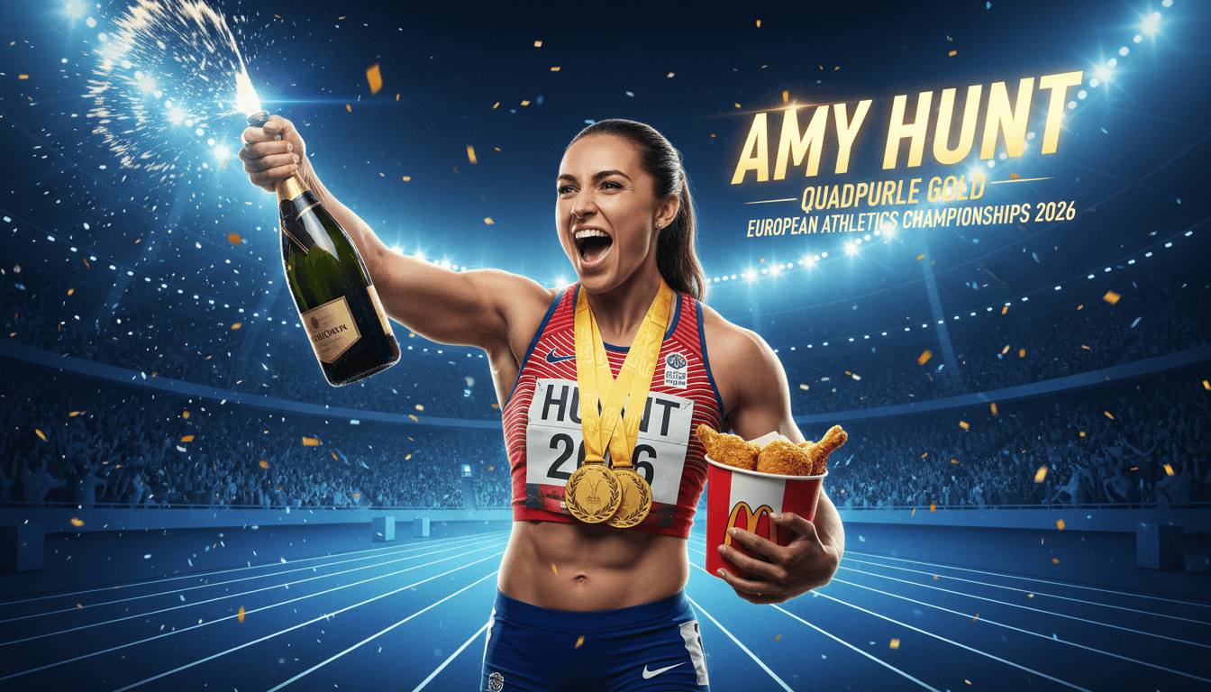 Amy Hunt celebrating her historic quadruple gold win at the 2026 European Athletics Championships with champagne and KFC.