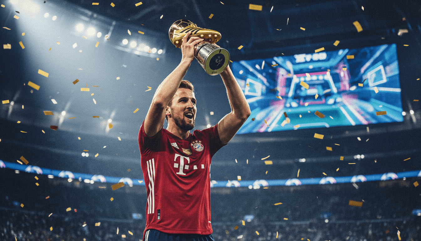 Harry Kane celebrating with the European Golden Boot trophy, indicating his commitment to Bayern Munich.