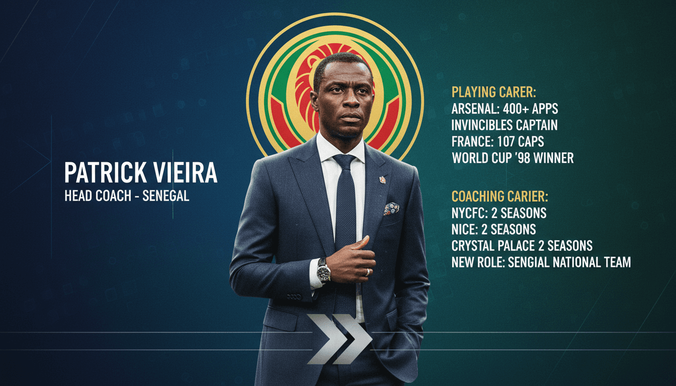 Patrick Vieira appointed as head coach of Senegal national football team, showcasing his career achievements and upcoming challenges.