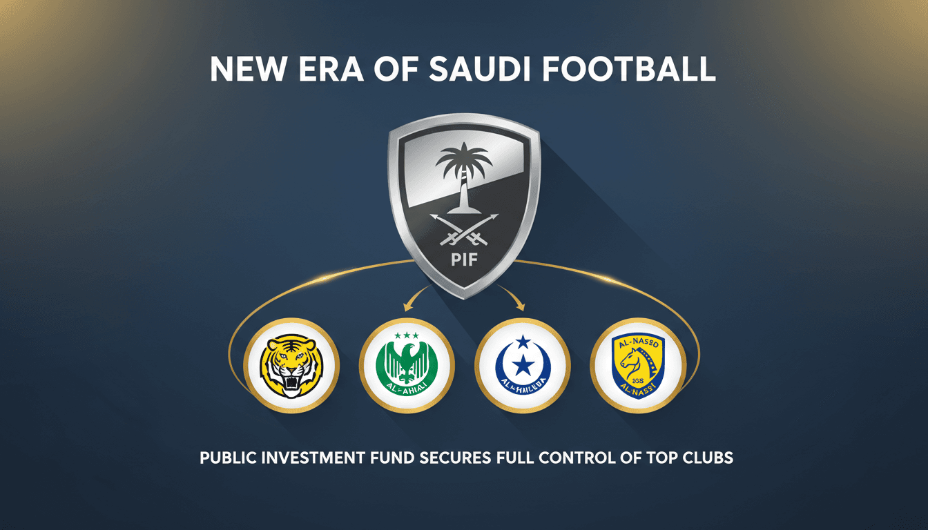 Logos of Al-Ittihad, Al-Ahli, Al-Hilal, and Al-Nassr with the Public Investment Fund logo, highlighting full ownership transition.