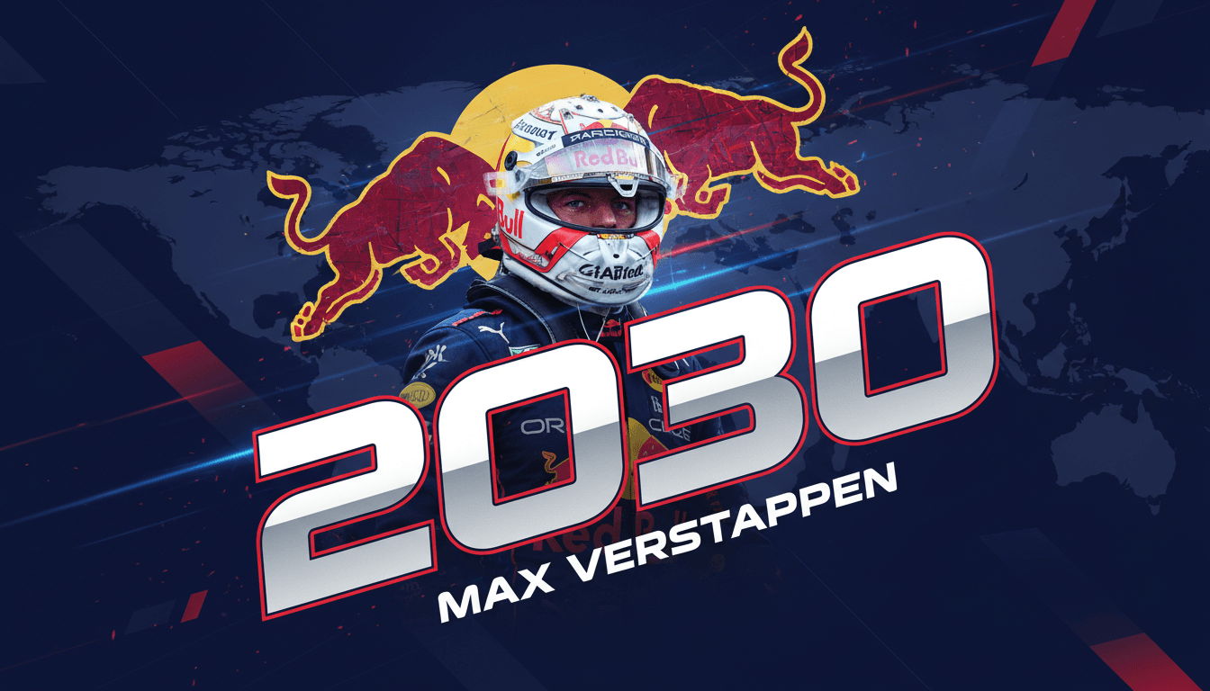 Max Verstappen celebrating with Red Bull Racing, highlighting his contract extension through the 2030 Formula 1 season.