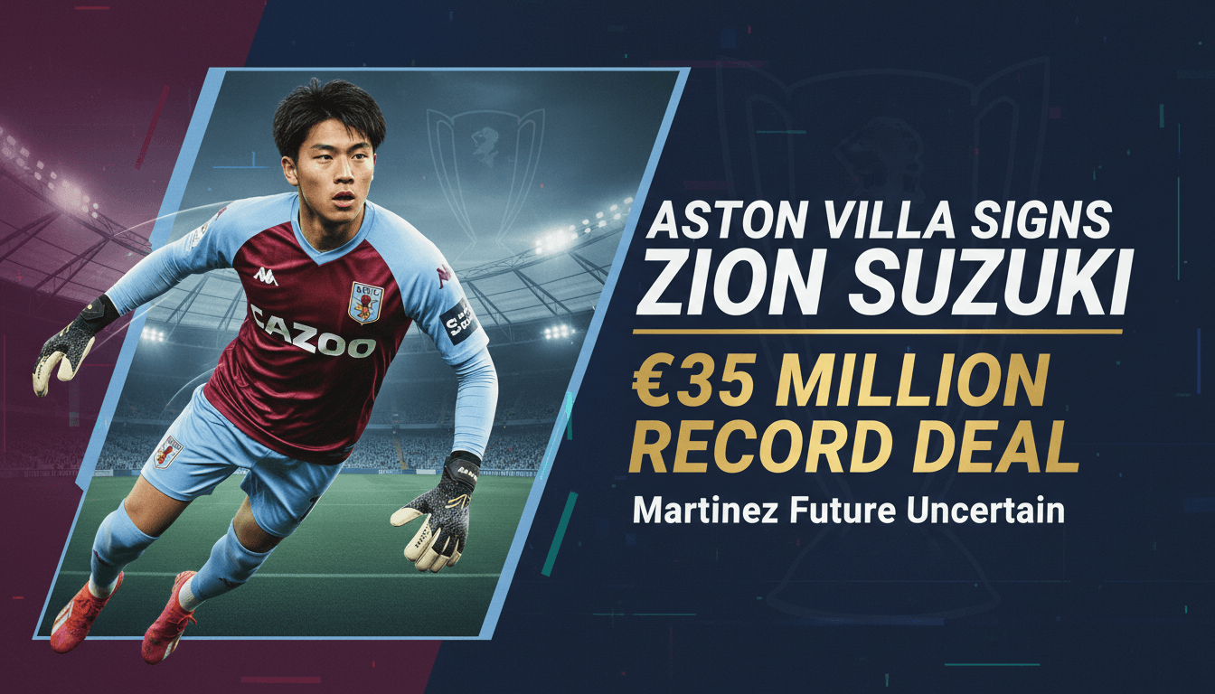 Zion Suzuki in Aston Villa kit, highlighting his record transfer fee and future impact on the team.
