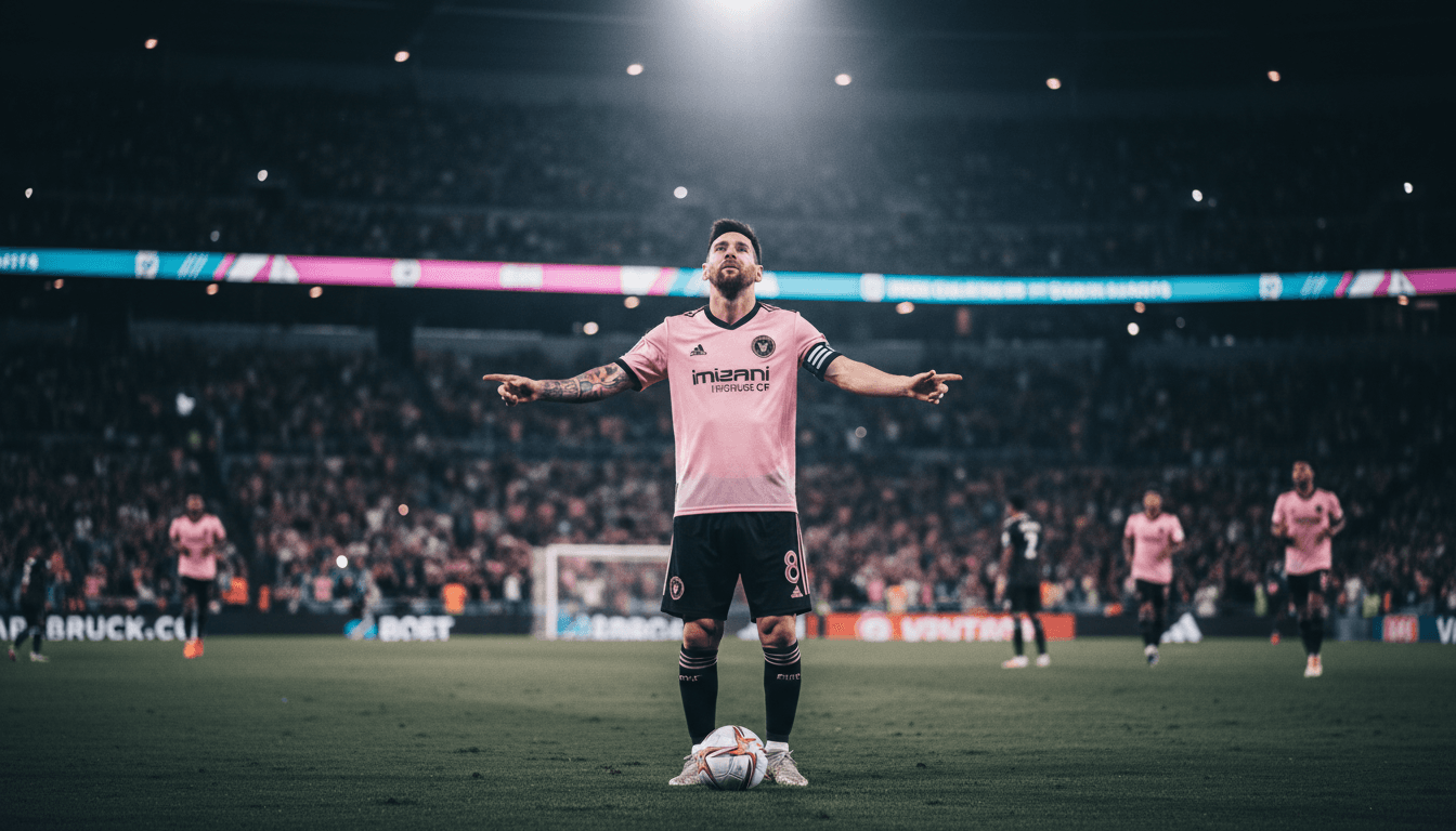 Messi celebrating his goal, looking skyward in tribute after his father's passing.