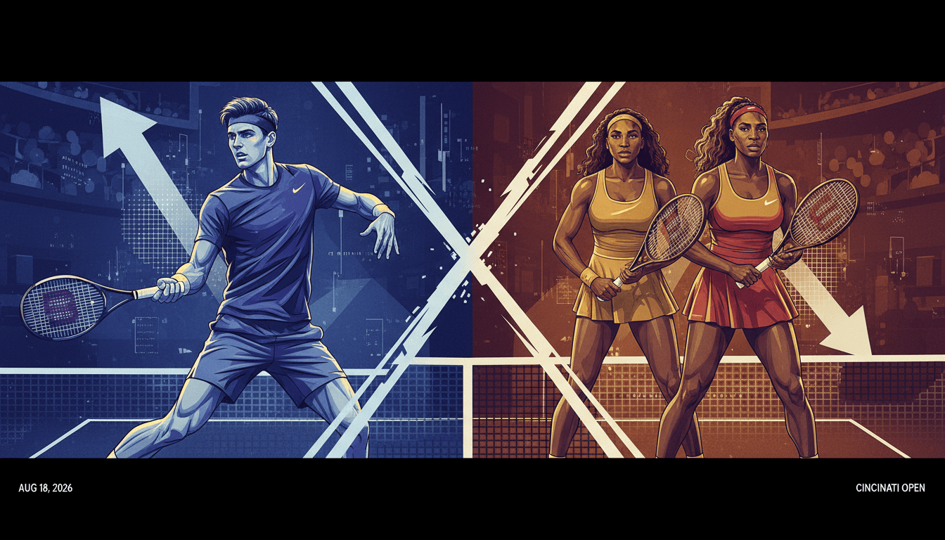 A dynamic image showing Zverev celebrating his win and the Williams sisters during their doubles match at the Cincinnati Open.