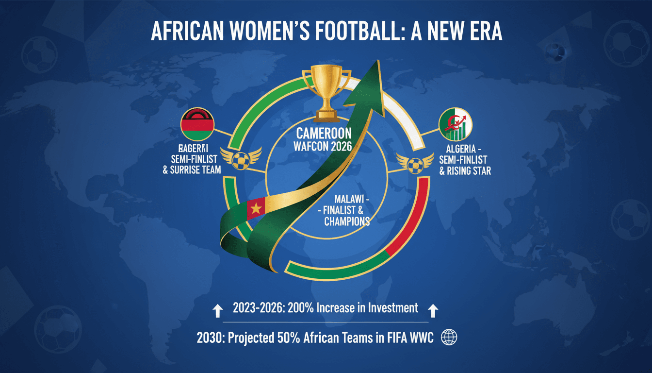 Infographic showcasing Cameroon’s WAFCON victory and milestones of Malawi and Algeria in women's football.
