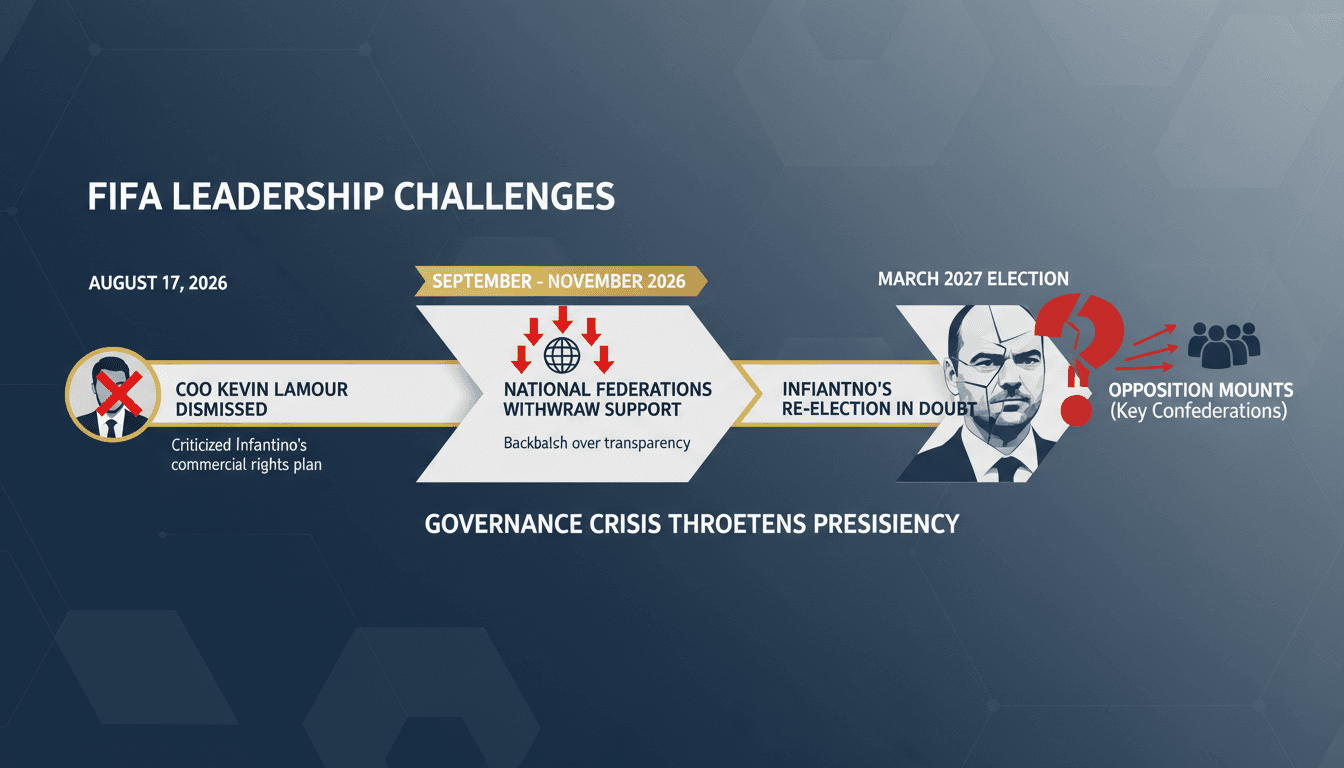 A timeline graphic illustrating the FIFA leadership crisis and key events surrounding Gianni Infantino and Kevin Lamour.
