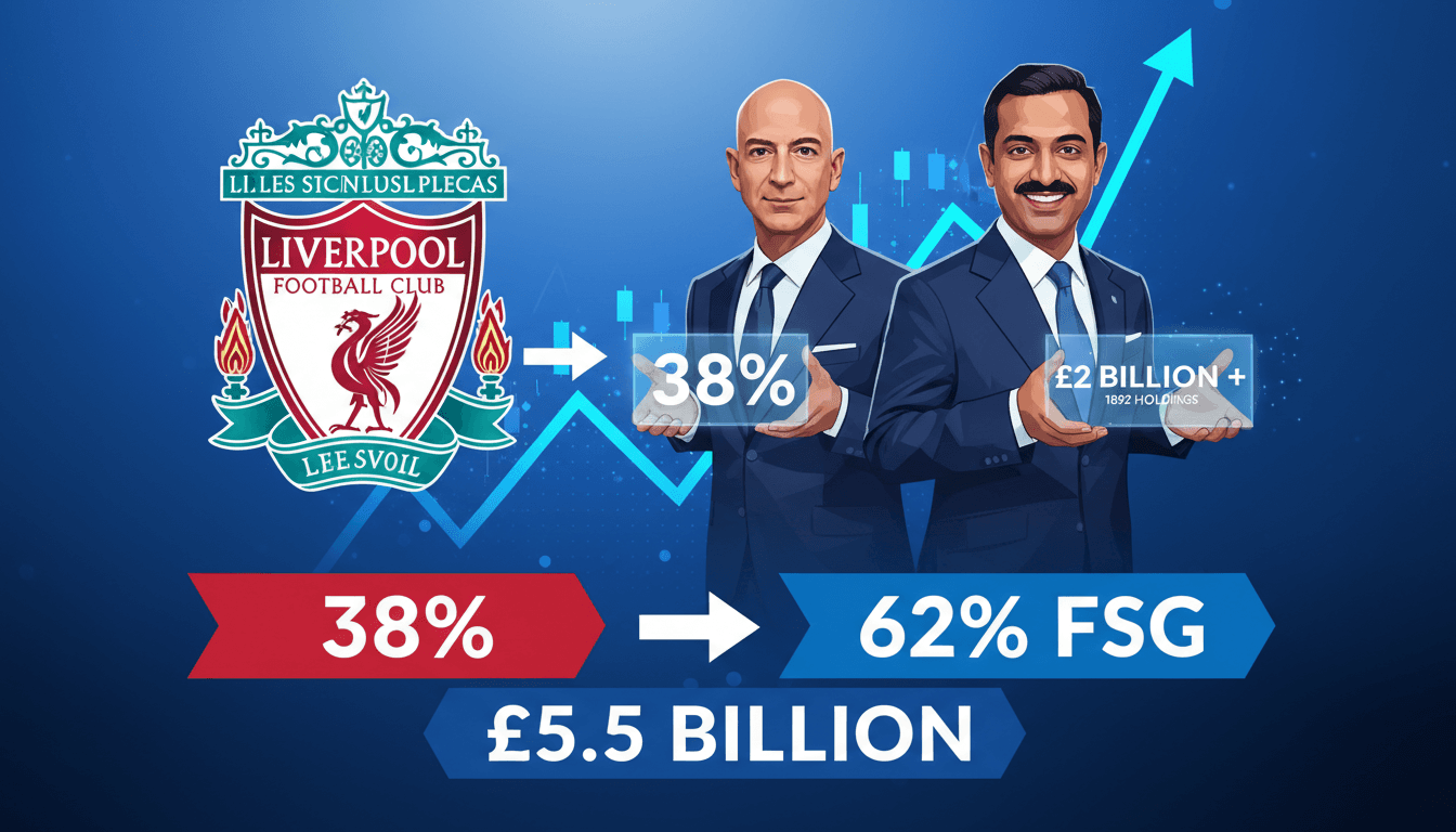 Jeff Bezos and Amit Bhatia with Liverpool FC logo, highlighting the 38% stake acquisition.