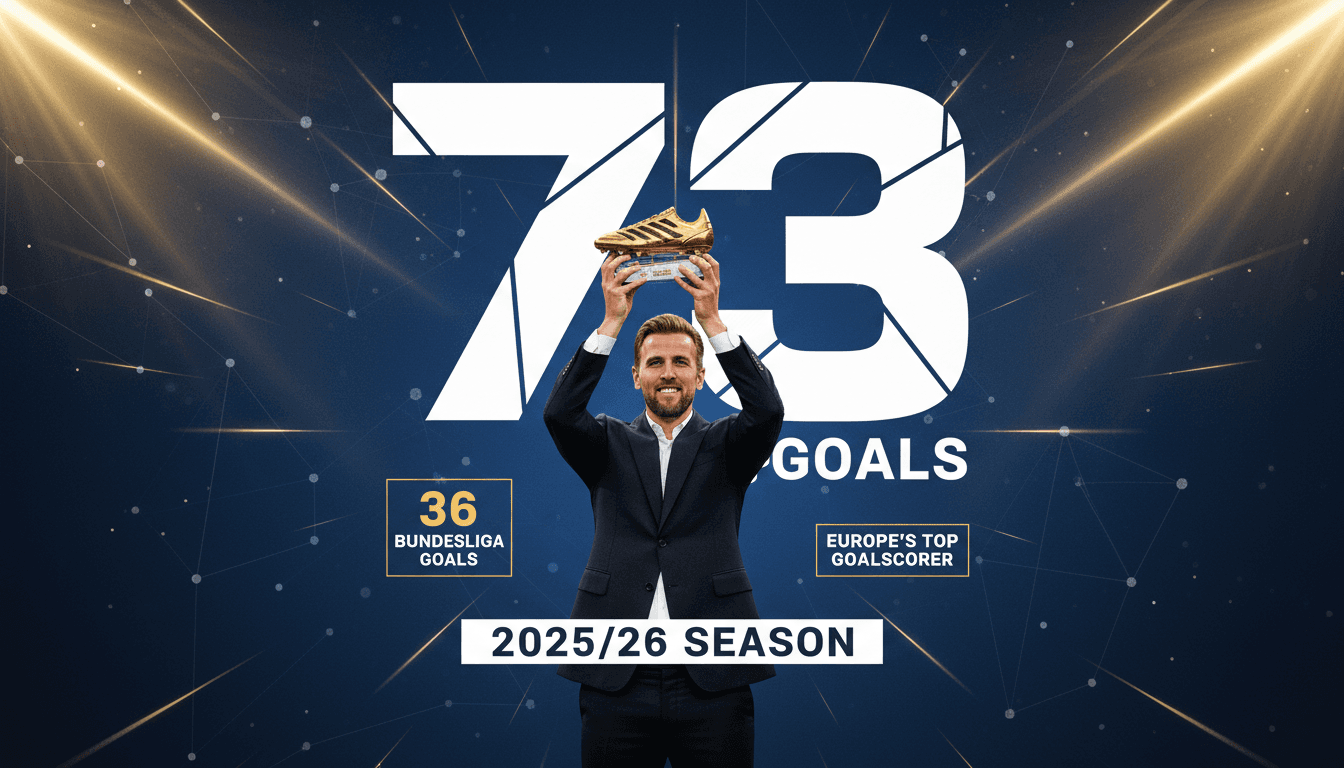 Harry Kane celebrating with the Golden Shoe trophy, highlighting his 73 goals in the 2025/26 season.