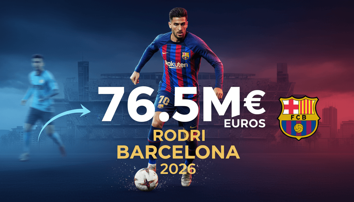Rodri in Barcelona kit, highlighting his transfer from Manchester City for 76.5 million euros.