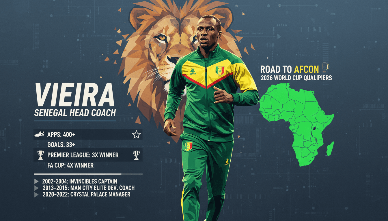 Patrick Vieira appointed as head coach of Senegal national football team, showcasing his career highlights and stats.