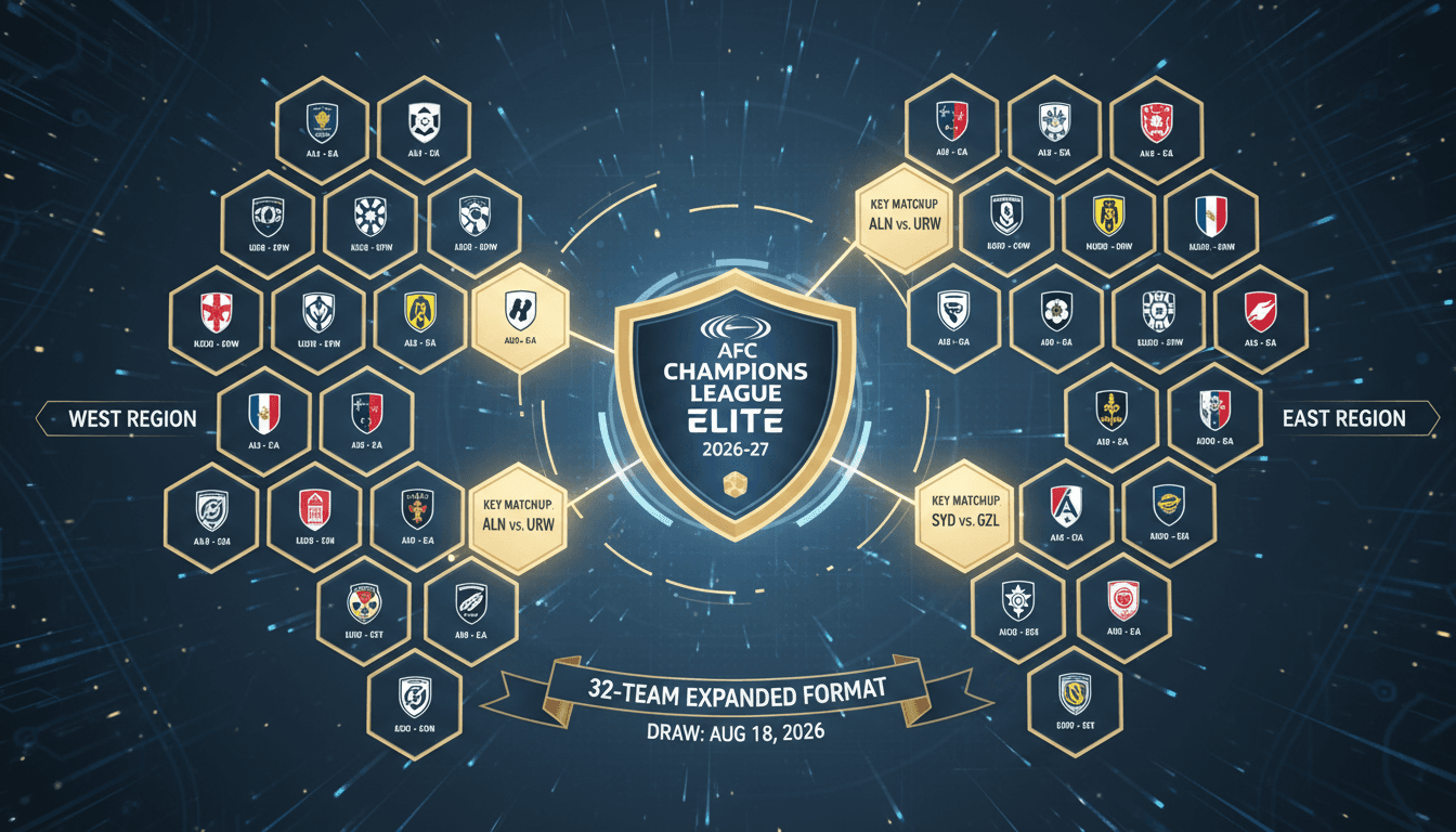 Infographic detailing the AFC Champions League Elite 2026-27 expansion, featuring participating teams and matchups.