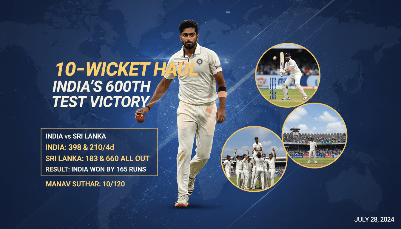 Manav Suthar celebrating his 10-wicket haul during India's 600th Test victory against Sri Lanka.