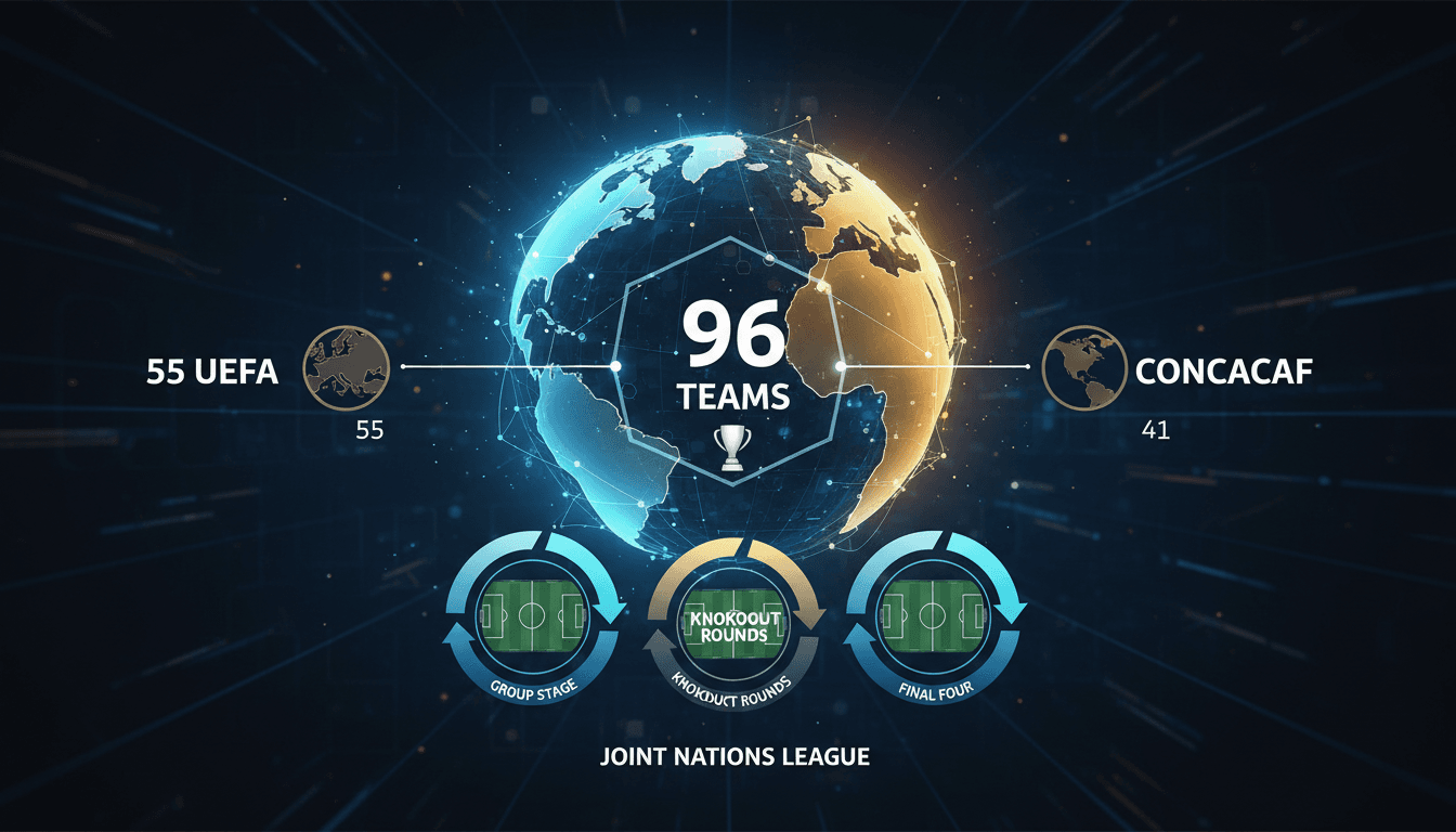 Infographic showing the proposed UEFA and CONCACAF Nations League tournament structure with 96 teams.