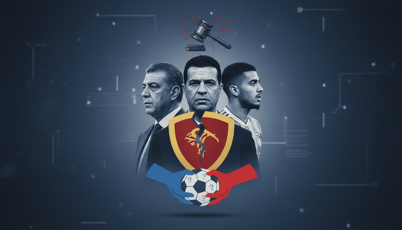 A graphic depicting the Egyptian Football Association's defense of Hossam Hassan and others amid FIFA disciplinary actions.