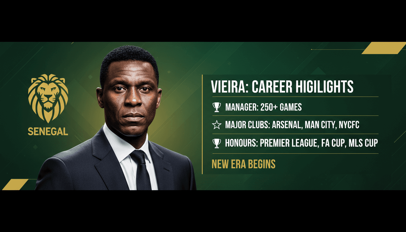 Patrick Vieira appointed as head coach of Senegal national football team, showcasing his career highlights and stats.