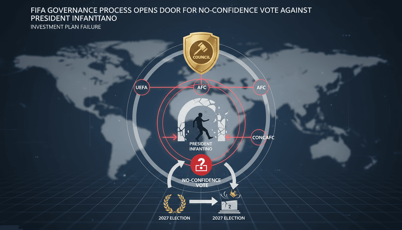 Infographic showing FIFA governance structure and potential no-confidence vote process.