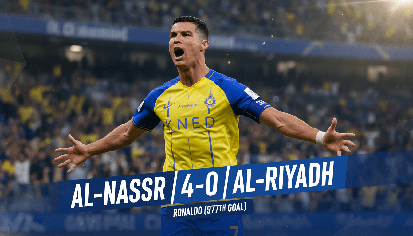 Cristiano Ronaldo celebrating his 977th career goal during Al-Nassr's 4-0 victory over Al-Riyadh.