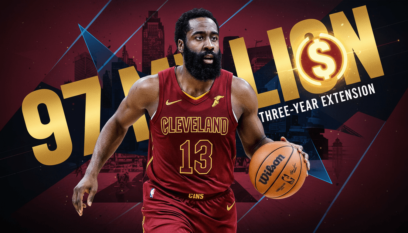 James Harden in a Cavaliers jersey, highlighting his $97 million contract extension in the NBA.