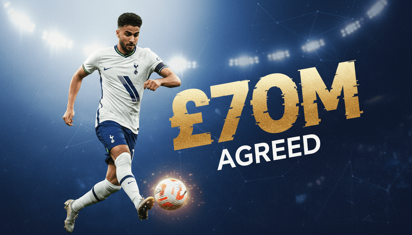 Omar Marmoush in Tottenham Hotspur colors, highlighting the £70 million transfer fee.