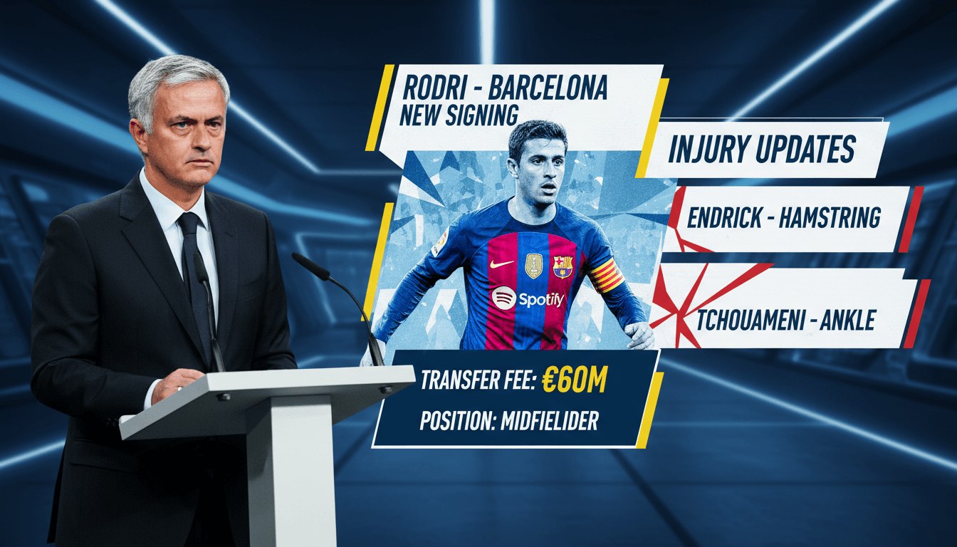 Mourinho discusses Rodri's transfer and injury updates at a press conference.