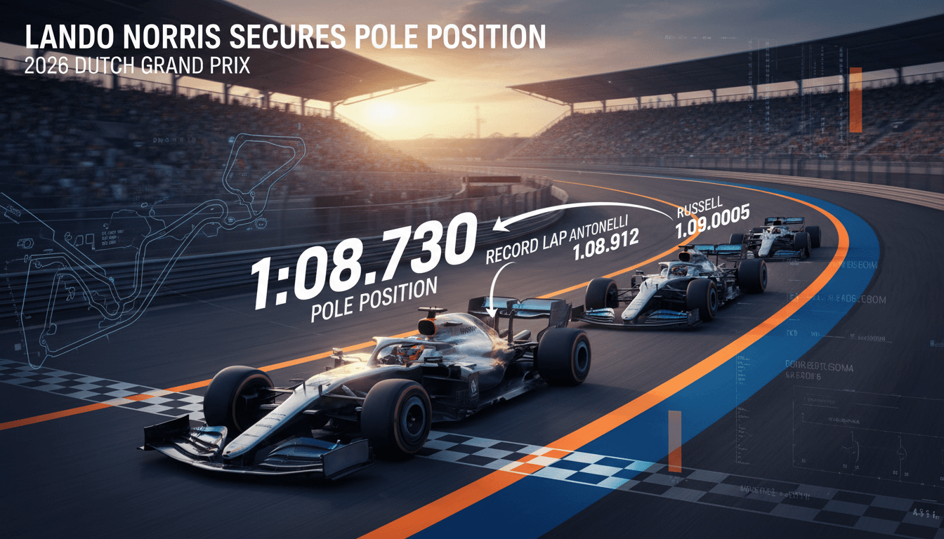 Lando Norris celebrating his pole position at the Dutch Grand Prix, showcasing his career-best lap time.
