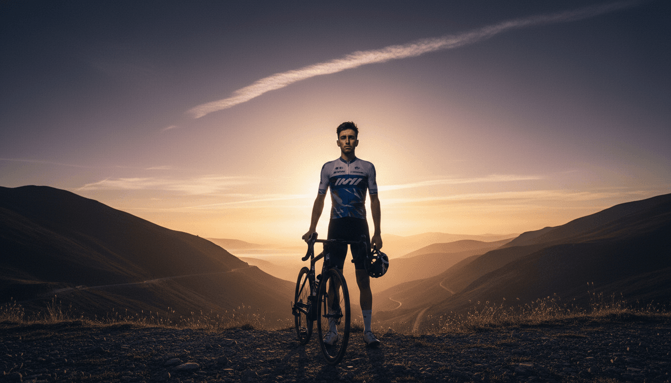 Josh Tarling in cycling gear, representing resilience and determination after his brother's tragic death.