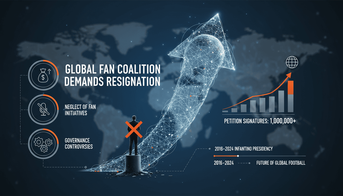 Infographic showing the growth of the petition against FIFA President Gianni Infantino and key controversies.