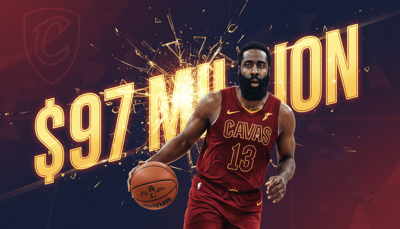 James Harden in a Cavaliers jersey, emphasizing his $97 million contract signing.