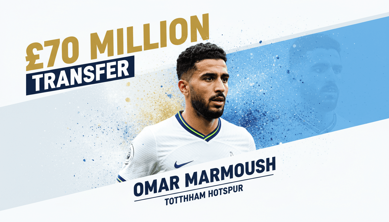 Omar Marmoush in Tottenham colors, highlighting the £70 million transfer fee.