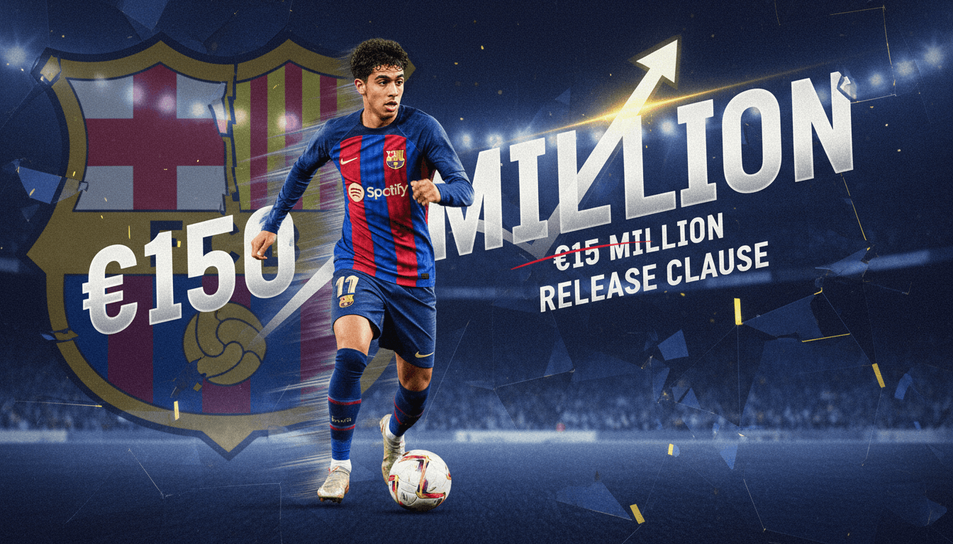 Hamza Abdelkarim in action for FC Barcelona, highlighting his potential and proposed €150 million release clause.