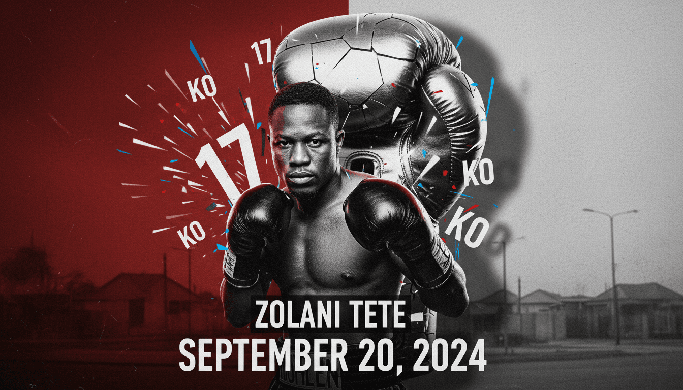 A graphic of Zolani Tete in boxing gear, emphasizing his knockout victories and the date of his tragic death.