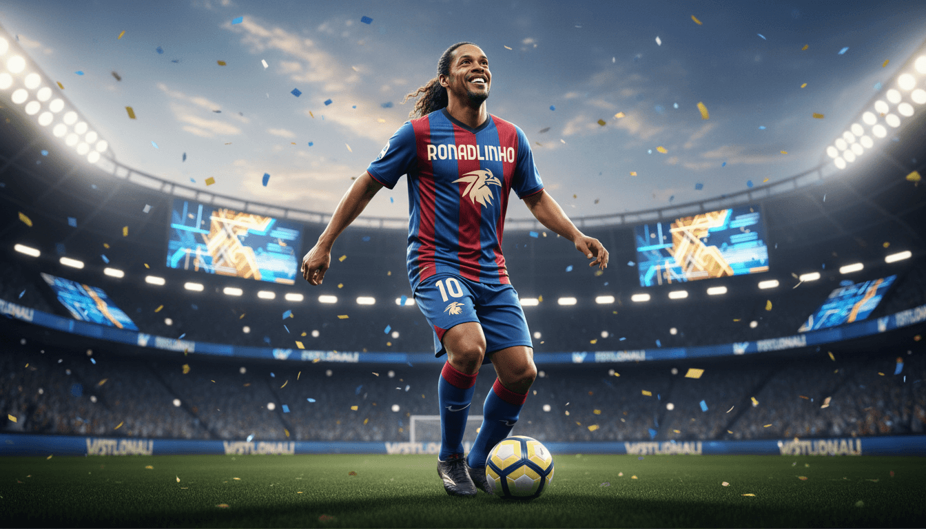 Ronaldinho in a Ravenna FC jersey, celebrating his return to professional football at age 46.