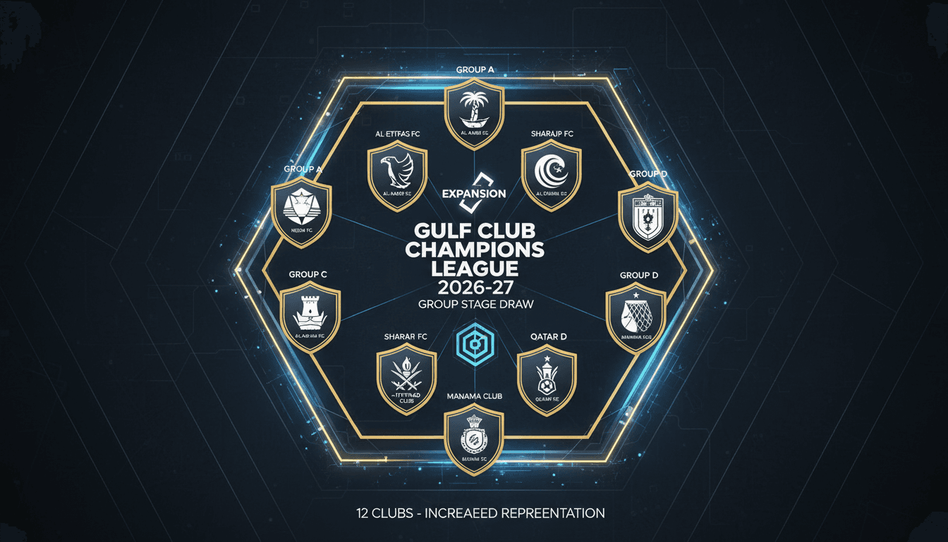Graphic showing the Gulf Club Champions League 2026-27 draw with team group assignments and tournament details.