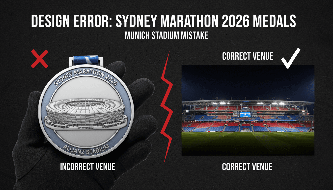 A graphic showing the Sydney Marathon finisher medal with the incorrect Allianz Arena design.