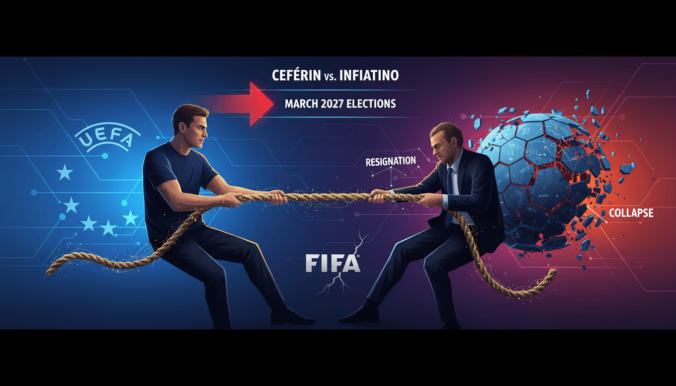 A graphic depicting the power dynamics between UEFA and FIFA, focusing on leadership challenges and governance issues.