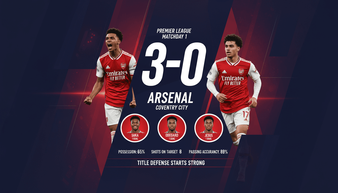 Arsenal players celebrating their 3-0 victory over Coventry City in the Premier League opener.