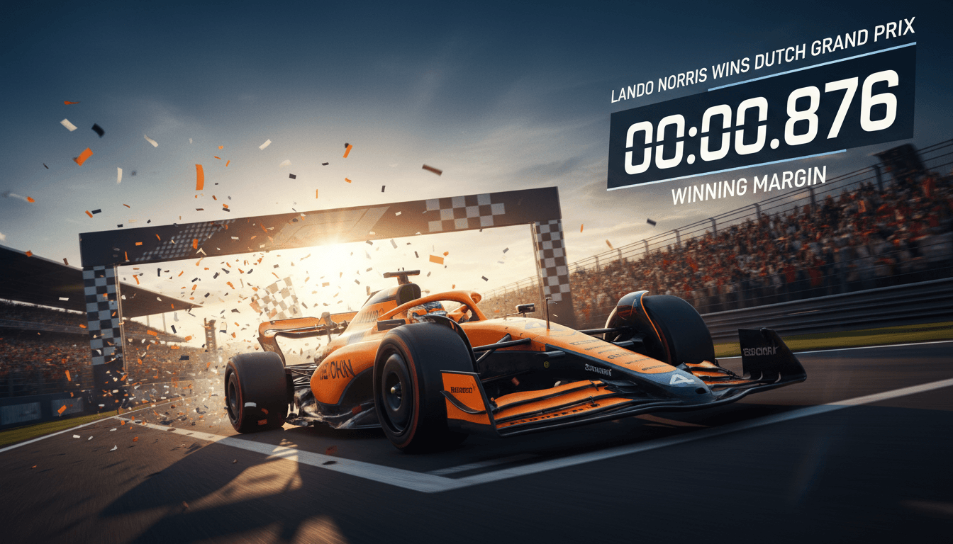 Lando Norris celebrating his victory at the final Dutch Grand Prix at Zandvoort, with a timer showing his winning margin.