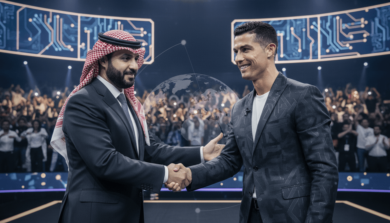 Saudi Crown Prince Mohammed bin Salman shaking hands with Cristiano Ronaldo at the Esports World Cup closing ceremony in Paris.